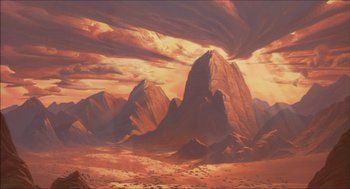 Movie still from “The Prince of Egypt” (1998), directed by Brenda Chapman – An oil painting of a mountain range in the desert; Extreme Wide shot, Overhead angle