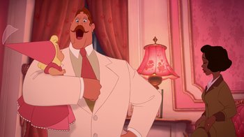 Movie still from “The Princess and the Frog” (2009), directed by Ron Clements – A man in a white suit and a red tie; Medium shot, Over the shoulder angle