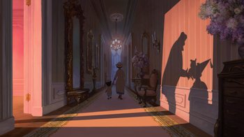Movie still from “The Princess and the Frog” (2009), directed by Ron Clements – An animated scene of a woman and a child in a hallway; Wide shot, Low angle