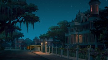 Movie still from “The Princess and the Frog” (2009), directed by Ron Clements – An illustration of a house with a fence and trees; Extreme Wide shot, Low angle