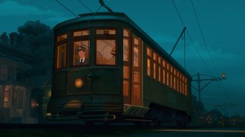 Movie still from “The Princess and the Frog” (2009), directed by Ron Clements – An old train car with a man on the front of it; Extreme Wide shot, Low angle