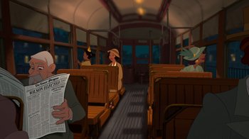 Movie still from “The Princess and the Frog” (2009), directed by Ron Clements – People are sitting in a train car while a man reads a newspaper; Wide shot, Low angle
