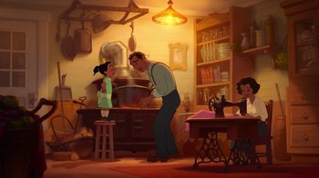 Movie still from “The Princess and the Frog” (2009), directed by Ron Clements – A man and a little girl standing in front of a sewing machine; Wide shot, Over the shoulder angle