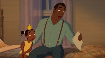 Movie still from “The Princess and the Frog” (2009), directed by Ron Clements – A man and a little girl sitting next to each other on a bed; Medium shot, Over the shoulder angle