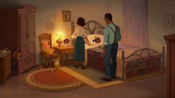 Movie still from “The Princess and the Frog” (2009), directed by Ron Clements – An illustration of an adult and a child in a bedroom; Wide shot, High angle