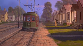 Movie still from “The Princess and the Frog” (2009), directed by Ron Clements – An animated picture of a train going down the tracks; Extreme Wide shot, Low angle