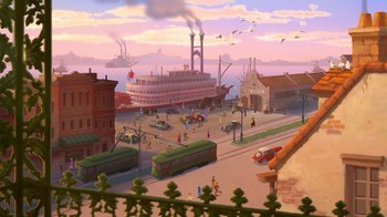Movie still from “The Princess and the Frog” (2009), directed by Ron Clements – An illustration of a large boat in the middle of a city; Extreme Wide shot, High angle