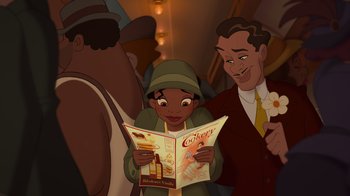 Movie still from “The Princess and the Frog” (2009), directed by Ron Clements – An african american woman reading a magazine in front of two men; Medium shot, Over the shoulder angle