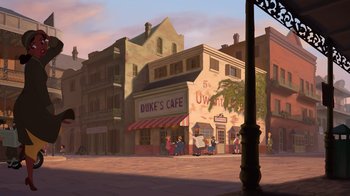 Movie still from “The Princess and the Frog” (2009), directed by Ron Clements – An animated picture of duke's cafe in the middle of the day; Extreme Wide shot, High angle