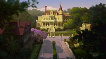 Movie still from “The Princess and the Frog” (2009), directed by Ron Clements – An oil painting of an old mansion in the middle of the day; Extreme Wide shot, Low angle