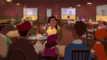 Movie still from “The Princess and the Frog” (2009), directed by Ron Clements – An animated scene of a woman standing in front of a group of people in a restaurant; Wide shot, Over the shoulder angle