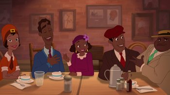 Movie still from “The Princess and the Frog” (2009), directed by Ron Clements – A group of people sitting at a dinner table; Medium shot, High angle