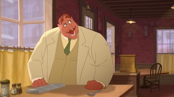 Movie still from “The Princess and the Frog” (2009), directed by Ron Clements – A man in a white suit sitting at a table in front of a brick wall; Medium shot, Low angle
