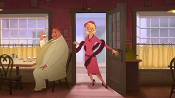 Movie still from “The Princess and the Frog” (2009), directed by Ron Clements – An animated picture of a woman in a pink dress and a man in a white suit; Wide shot, Low angle