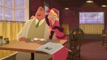 Movie still from “The Princess and the Frog” (2009), directed by Ron Clements – An animated picture of a man and a woman at a dinner table; Medium shot, Over the shoulder angle