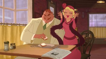 Movie still from “The Princess and the Frog” (2009), directed by Ron Clements – A man and a woman sitting in front of a table; Medium shot, Low angle