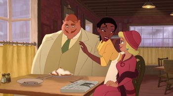 Movie still from “The Princess and the Frog” (2009), directed by Ron Clements – A group of people sitting around a table; Medium shot, Over the shoulder angle