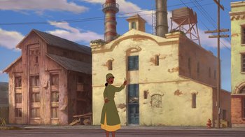 Movie still from “The Princess and the Frog” (2009), directed by Ron Clements – An african american woman standing in front of an old building; Extreme Wide shot, Low angle