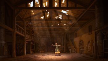 Movie still from “The Princess and the Frog” (2009), directed by Ron Clements – An animated scene of a woman holding a sword; Extreme Wide shot, Low angle