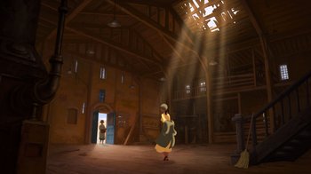 Movie still from “The Princess and the Frog” (2009), directed by Ron Clements – An image of a woman in a room with sunlight coming through the window; Extreme Wide shot, Low angle