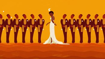 Movie still from “The Princess and the Frog” (2009), directed by Ron Clements – A woman in a white dress standing in front of a group of men; Extreme Wide shot, Low angle