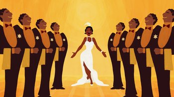 Movie still from “The Princess and the Frog” (2009), directed by Ron Clements – A woman in a white dress surrounded by men in tuxedos; Medium shot, Low angle
