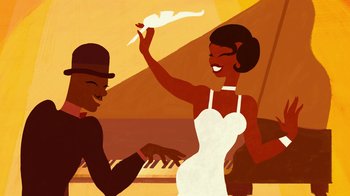 Movie still from “The Princess and the Frog” (2009), directed by Ron Clements – An illustration of a man and a woman playing piano; Medium shot, Overhead angle