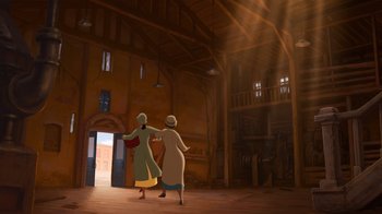 Movie still from “The Princess and the Frog” (2009), directed by Ron Clements – A couple of people that are standing in a room together; Extreme Wide shot, Low angle