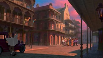 Movie still from “The Princess and the Frog” (2009), directed by Ron Clements – An animated picture of a street with people walking on the sidewalk; Extreme Wide shot, Low angle
