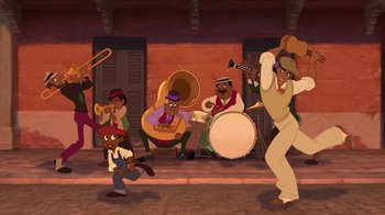 Movie still from “The Princess and the Frog” (2009), directed by Ron Clements – A group of people that are standing in the dirt; Extreme Wide shot, Low angle