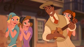 Movie still from “The Princess and the Frog” (2009), directed by Ron Clements – A couple of people that are playing a musical instrument; Medium shot, Over the shoulder angle