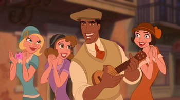 Movie still from “The Princess and the Frog” (2009), directed by Ron Clements – A group of people that are standing in a room; Medium shot, Over the shoulder angle