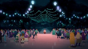 Movie still from “The Princess and the Frog” (2009), directed by Ron Clements – A crowd of people gathered around a stage; Extreme Wide shot, High angle