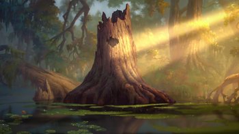 Movie still from “The Princess and the Frog” (2009), directed by Ron Clements – An old tree stump in the middle of a forest; Extreme Wide shot, Low angle