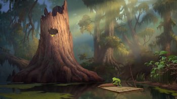 Movie still from “The Princess and the Frog” (2009), directed by Ron Clements – A painting of a frog sitting on a rock in the middle of a lake; Extreme Wide shot, Low angle