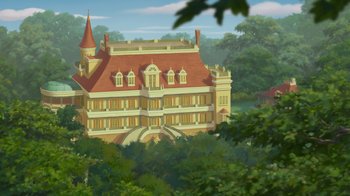 Movie still from “The Princess and the Frog” (2009), directed by Ron Clements – An illustration of an old castle with a castle on top of it; Extreme Wide shot, Low angle