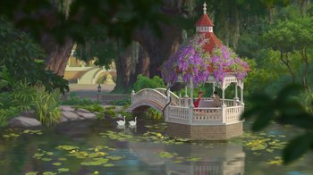 Movie still from “The Princess and the Frog” (2009), directed by Ron Clements – A gazebo in the middle of a pond with water lilies; Extreme Wide shot, Over the shoulder angle