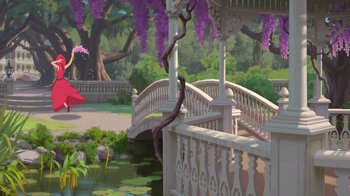 Movie still from “The Princess and the Frog” (2009), directed by Ron Clements – A gazebo in the middle of a park with purple wisteria hanging over it; Extreme Wide shot, Low angle