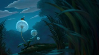 Movie still from “The Princess and the Frog” (2009), directed by Ron Clements – A painting of an animal sitting on top of a dandelion; Extreme Wide shot, Low angle
