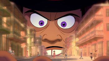 Movie still from “The Princess and the Frog” (2009), directed by Ron Clements – An animated face of a man with a hat on; Extreme Close Up shot, Low angle