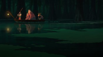 Movie still from “The Princess and the Frog” (2009), directed by Ron Clements – A group of people on a boat in the middle of the night; Extreme Wide shot, High angle