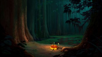 Movie still from “The Princess and the Frog” (2009), directed by Ron Clements – A painting of a campfire in the middle of the forest; Extreme Wide shot, High angle