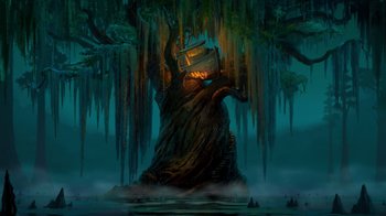 Movie still from “The Princess and the Frog” (2009), directed by Ron Clements – An image of a tree with a book on top of it; Extreme Wide shot, Low angle