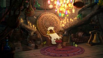 Movie still from “The Princess and the Frog” (2009), directed by Ron Clements – An owl sitting in a chair in front of a chandelier; Wide shot, High angle