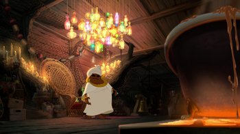 Movie still from “The Princess and the Frog” (2009), directed by Ron Clements – An animated character is standing in front of a chandelier; Wide shot, Low angle