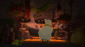 Movie still from “The Princess and the Frog” (2009), directed by Ron Clements – An image of an animated character cooking in a kitchen; Wide shot, High angle