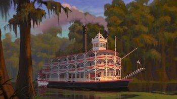 Movie still from “The Princess and the Frog” (2009), directed by Ron Clements – A boat floating on top of a body of water near trees; Extreme Wide shot, Low angle