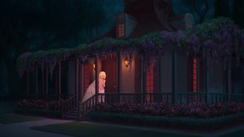 Movie still from “The Princess and the Frog” (2009), directed by Ron Clements – A woman standing on the steps of a house; Extreme Wide shot, Low angle