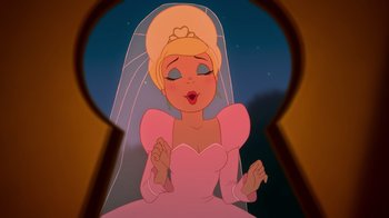 Movie still from “The Princess and the Frog” (2009), directed by Ron Clements – A picture of a cartoon bride in a pink dress and a veil; Close Up shot, Low angle