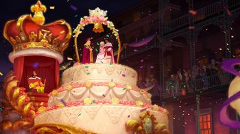 Movie still from “The Princess and the Frog” (2009), directed by Ron Clements – A wedding cake with a bride and groom on top of it; Extreme Wide shot, High angle